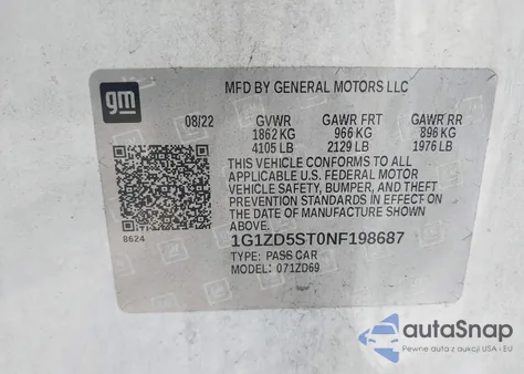 2022 Chevrolet Malibu Fwd Lt z USA, uszkodzony, nr VIN 1G1ZD5ST0NF198687